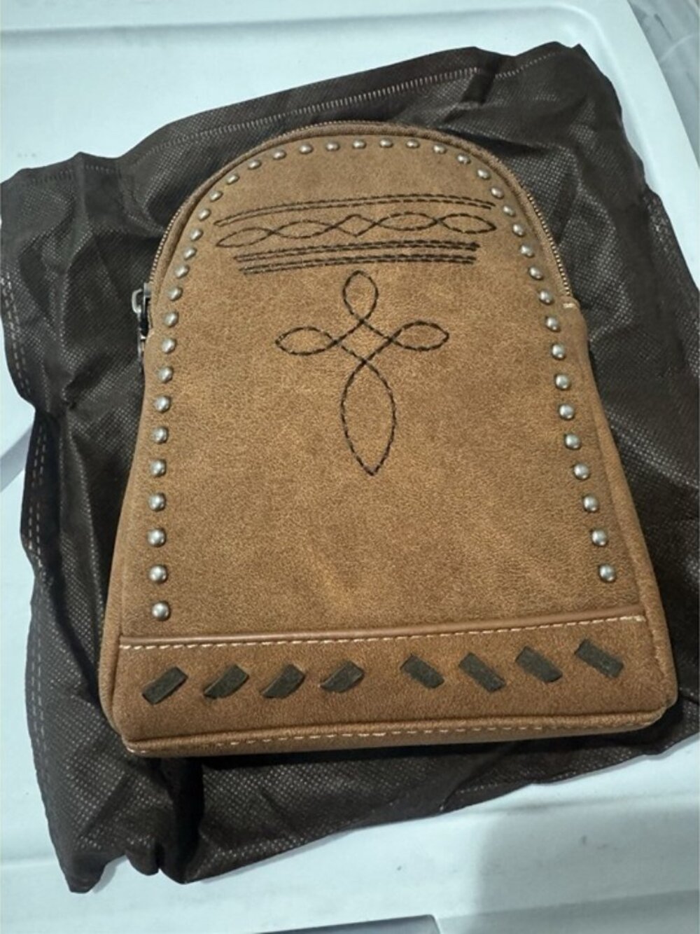 Montana West Western Crossbody Sling Bag Brown Tooled Studded Longhorn Skull NWT - Picture 6 of 6